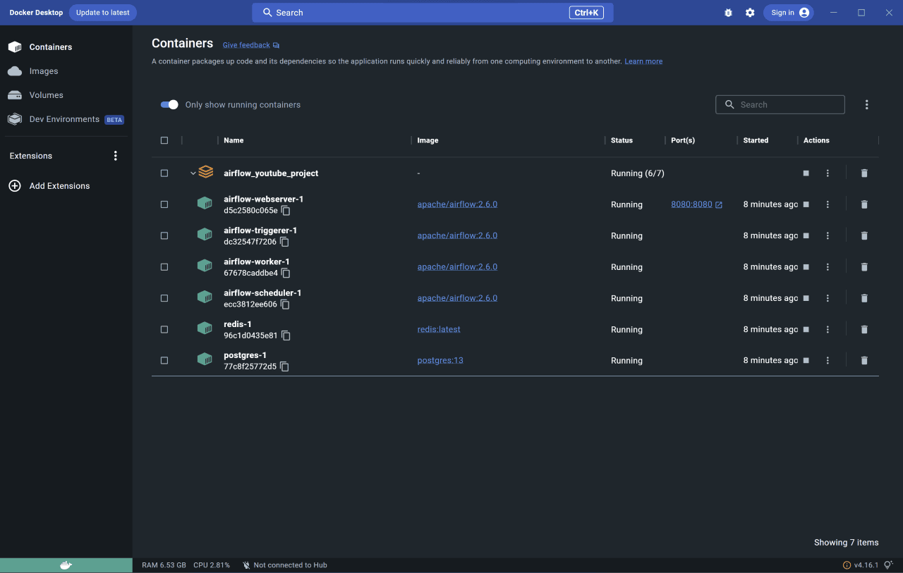 Checking containers status on Docker Desktop