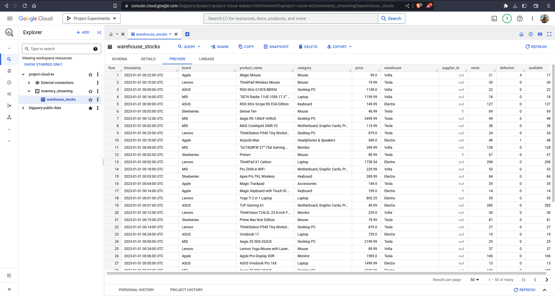 BigQuery populated table